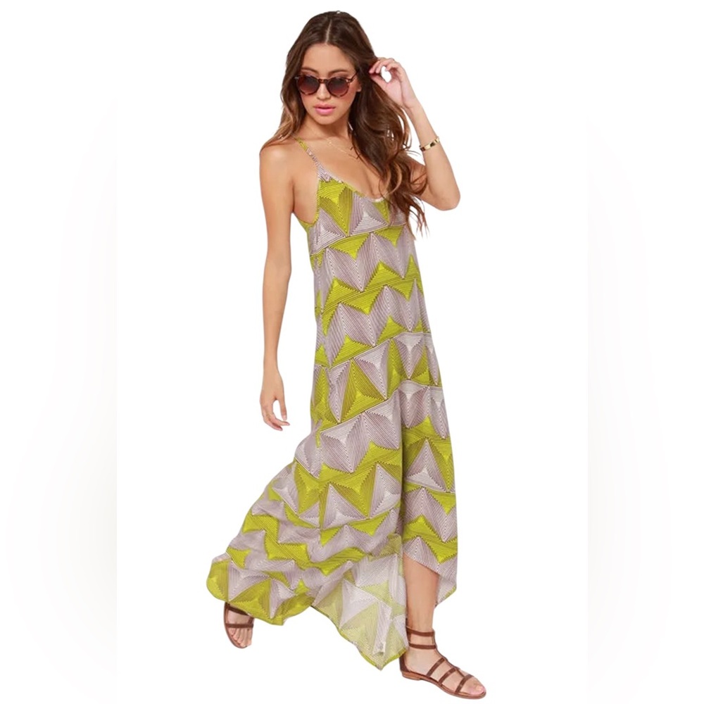 Billabong “Day Beyond” Lime Green Geometric Print Maxi Dress
